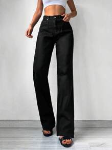 RueChic High Waist Straight Leg Jeans - Black - View 4