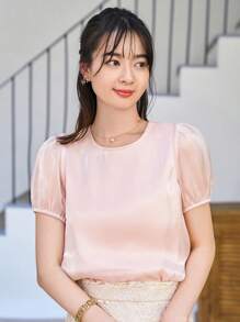 DAZY Puff Sleeve Organza Blouse - Pink - View 6