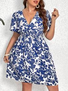 SHEIN Clasi Plus Floral Print Surplice Neck Dress For Summer - Blue and White - View 1