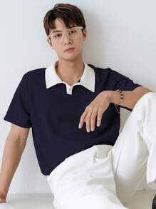 DAZY Men Contrast Collar Polo Shirt - Navy Blue - View 1