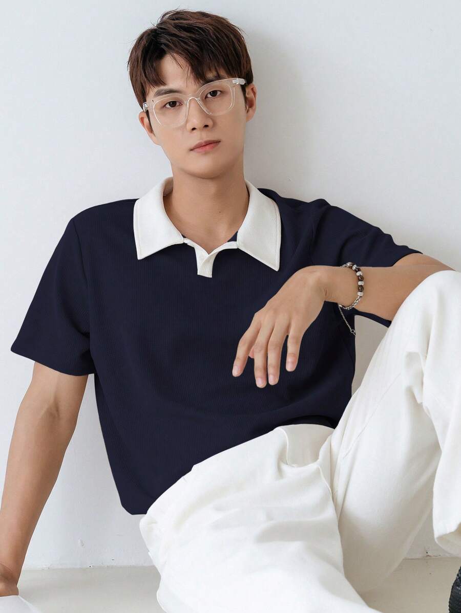 DAZY Men Contrast Collar Polo Shirt - Navy Blue - View 1