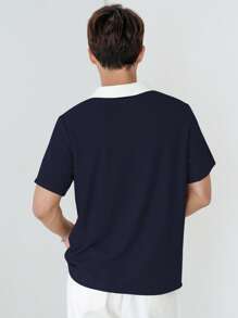 DAZY Men Contrast Collar Polo Shirt - Navy Blue - View 2