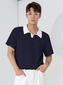 DAZY Men Contrast Collar Polo Shirt - Navy Blue - View 3