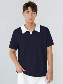 DAZY Men Contrast Collar Polo Shirt - Navy Blue - View 4