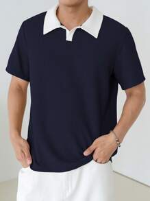 DAZY Men Contrast Collar Polo Shirt - Navy Blue - View 5