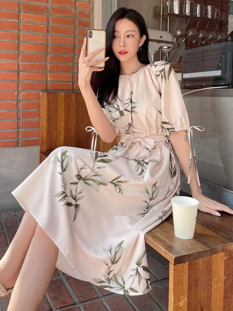 DAZY Plants Print Knot Cuff Belted Dress - Beige - View 1