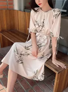 DAZY Plants Print Knot Cuff Belted Dress - Beige - View 3