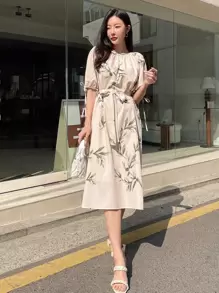 DAZY Plants Print Knot Cuff Belted Dress - Beige - View 5