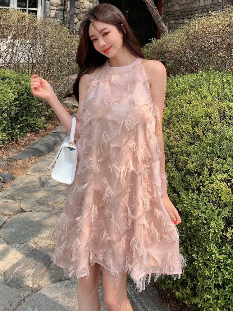 Solid Fuzzy Trim Halter Dress Valentine Valentine's Day Sundress Valentine's Day