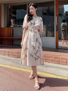 DAZY Plants Print Knot Cuff Belted Dress - Beige - View 6