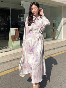 DAZY Button Through Split Hem Belted Shirt Dress - Mauve Purple - View 6