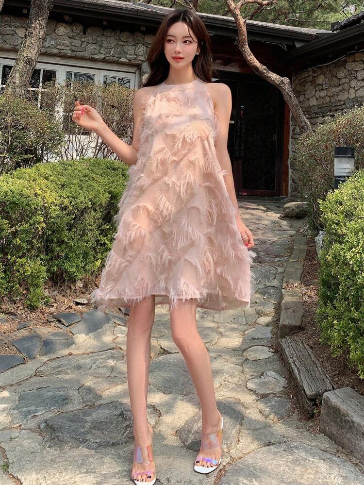 Solid Fuzzy Trim Halter Dress Valentine Valentine's Day Sundress Valentine's Day