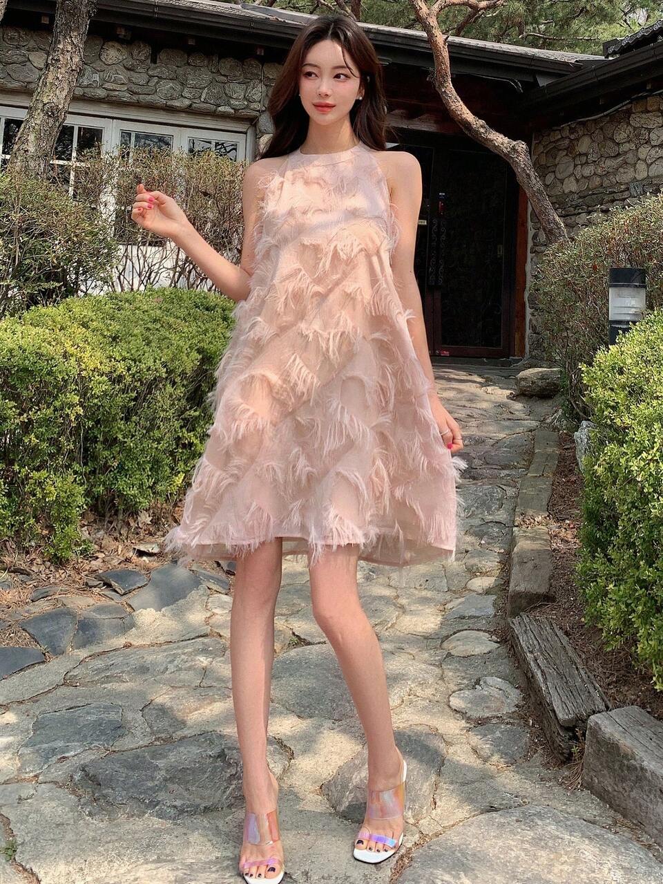 Solid Fuzzy Trim Halter Dress Valentine Valentine's Day Sundress Valentine's Day