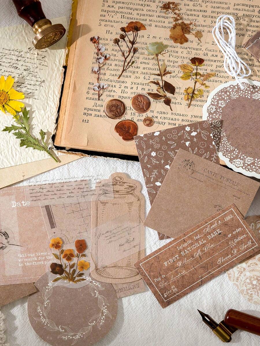 29 piezas Papel de material de patrón mixto, papel artesanal decorativo multiusos vintage para manualidades DIY, decoración, cuenta manual - Marrón - Ver 1