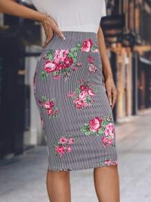 SHEIN Clasi Striped & Floral Print Pencil Skirt - Multicolor - View 4