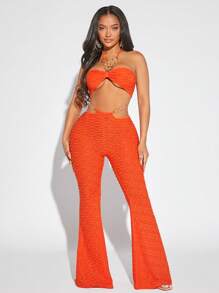 SHEIN SXY 素色掛脖上衣和腰部鏤空喇叭褲