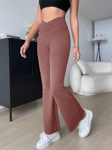 SHEIN EZwear 素色喇叭褲 - 藕粉色 - 查看 3