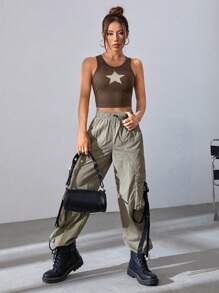 SHEIN EZwear Star Patched Crop Tank Top - Brown - View 6