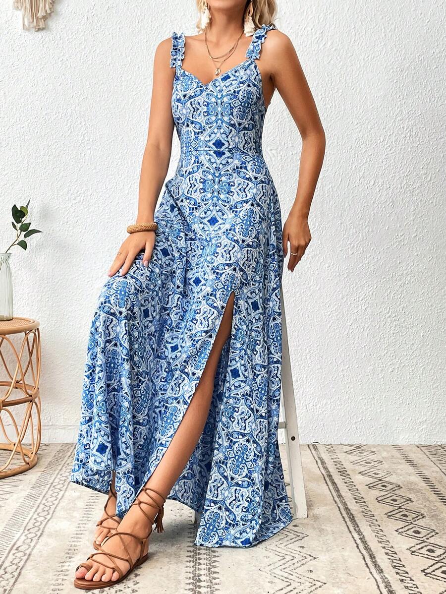 SHEIN VCAY Vestido de tirantes con estampado de muslo con abertura - Multicolor - Ver 1