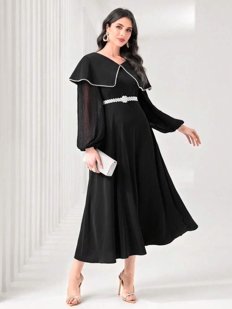 Contrast Binding Statement Collar Lantern Sleeve Dress Without Belt Long Evening Dresses