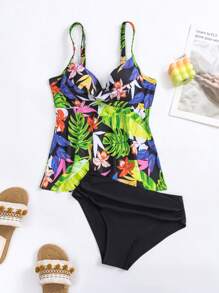 SHEIN Swim Tropical Print Push Up Tankini Summer Beach - Multicolor - View 3