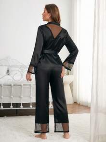 Contrast Mesh Belted Satin PJ Set - Black - View 2
