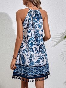 SHEIN VCAY Floral Print Tassel Trim Halter Neck Dress - Blue and White - View 3