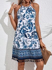 SHEIN VCAY Floral Print Tassel Trim Halter Neck Dress - Blue and White - View 5