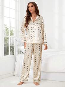 Heart Print Contrast Piping Satin PJ Set / Pajama Set - Beige - View 3