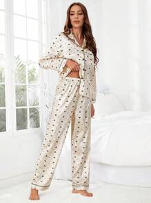 Heart Print Contrast Piping Satin PJ Set / Pajama Set - Beige - View 4