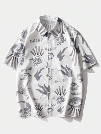 Street Life Guys Eye & Letter Graphic Button Up Shirt