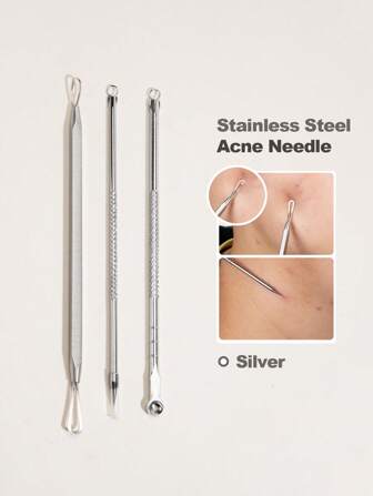 去黑頭工具，3入組套工具套件，面部黑頭提取工具，粉刺痘痘白頭粉刺提取工具，不銹鋼提取工具