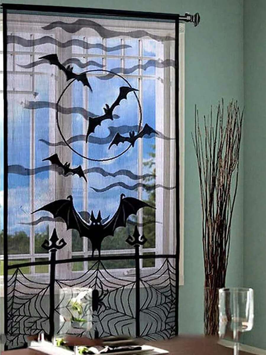 1入組蜘蛛網和蝙蝠設計門極簡滌綸門簾 - 黑色 - 查看 1