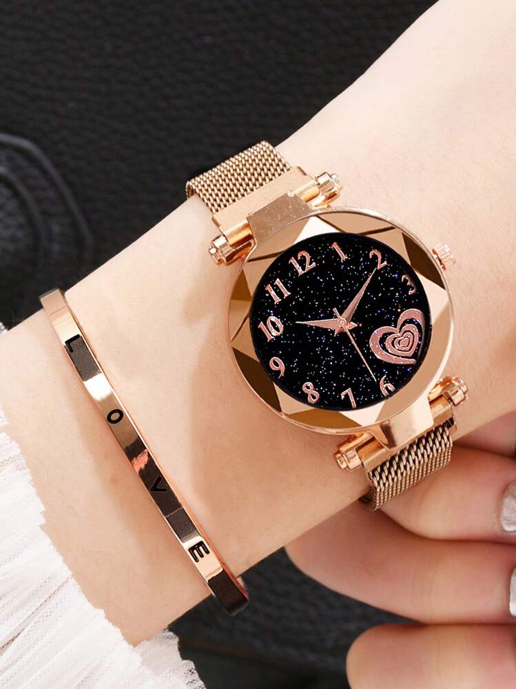 2 peças/Conjunto Relógio de Quartzo Slouchy Elegante com Conjunto de Joias Pulseira LOVE, Adequado para Gala da Noite, Festivais, Festas, Casamentos e Uso Diário, Também Ideal para Volta às Aulas, Formatura, Ação de Graças e Outras Ocasiões, Melhor Presente para Mulheres - Rosa ouro - Visão 2