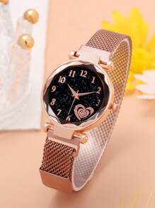 1pc Heart Print Dial Quartz Watch & 4pcs Bracelet - Rose Gold - View 2
