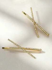 2pcs Simple Crossed And Straight Barrette Hair Clips For Daily Fashion Royal Claw Clips Hair Claws Hair Barrettes - Gold - View 4