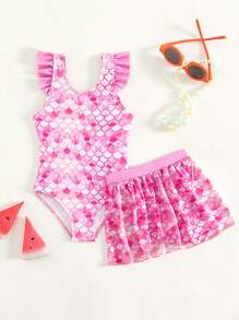 SHEIN 嬰兒女寶寶魚鱗印花荷葉邊連體泳裝,附海灘裙 - 粉色 - 查看 1