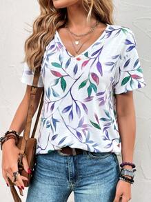 EMERY ROSE 植物圖案V領T恤 - 彩色 - 查看 4