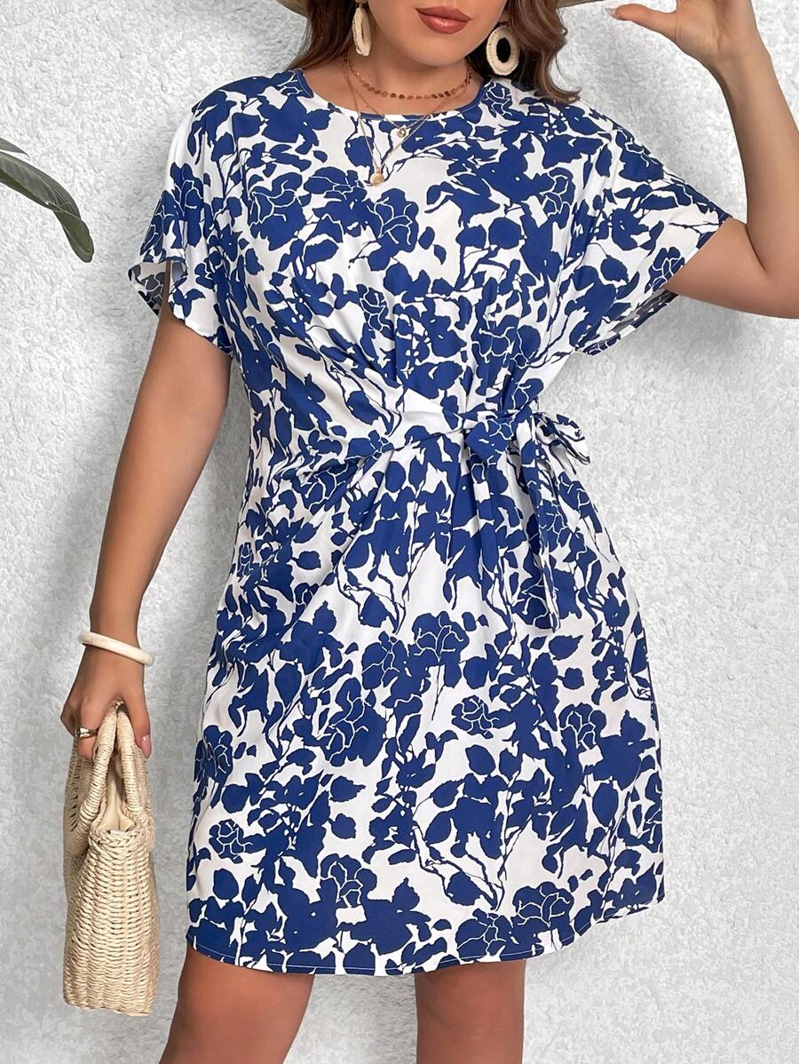SHEIN Clasi Đầm Plus Size Thắt nút Hoa Tất cả trên in Boho - Xanh và trắng - Xem 1