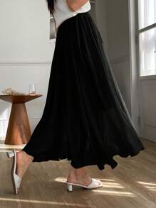 DAZY 純色彈性腰喇叭裙 - 黑色 - 查看 2