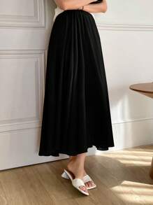 DAZY 純色彈性腰喇叭裙 - 黑色 - 查看 4