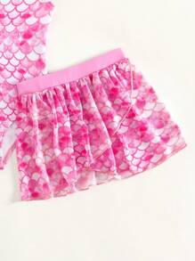 SHEIN 嬰兒女寶寶魚鱗印花荷葉邊連體泳裝,附海灘裙 - 粉色 - 查看 5