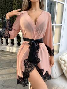 Áo choàng Nữ Thắt lưng Tương phản ren Khối Màu Gợi cảm - Màu Hồng  San hô - Xem 4