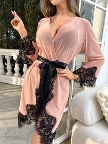 Áo choàng Nữ Thắt lưng Tương phản ren Khối Màu Gợi cảm - Màu Hồng  San hô - Xem 5
