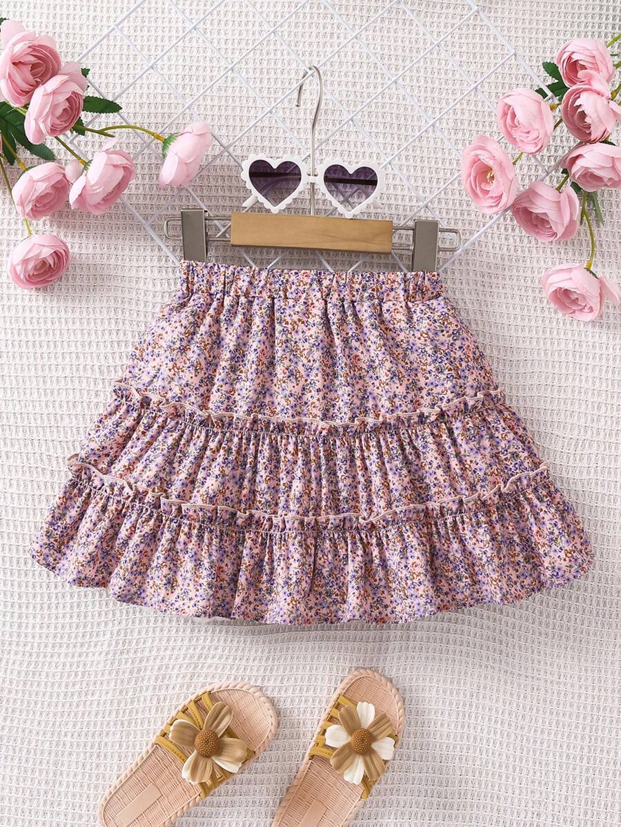 SHEIN Cô Gái Trẻ Ánh sáng Màu hồng In hoa Kỳ nghỉ Váy midi - Bụi hồng - Xem 1