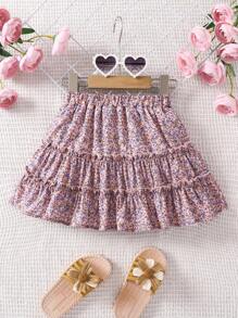 SHEIN Cô Gái Trẻ Ánh sáng Màu hồng In hoa Kỳ nghỉ Váy midi - Bụi hồng - Xem 2