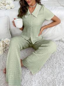 素色前紐扣休閒服套裝 - 薄荷綠 - 查看 1