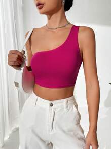SHEIN Privé 單肩露背繫帶短款上衣 - 玫紅色 - 查看 6