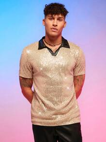Manfinity RebelGame Men Contrast Collar Sequin Polo Shirt - Champagne - View 1