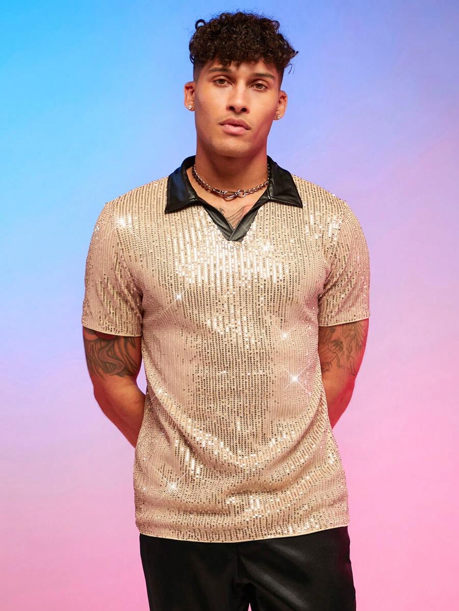 Manfinity RebelGame Men Contrast Collar Sequin Polo Shirt - Champagne - View 1